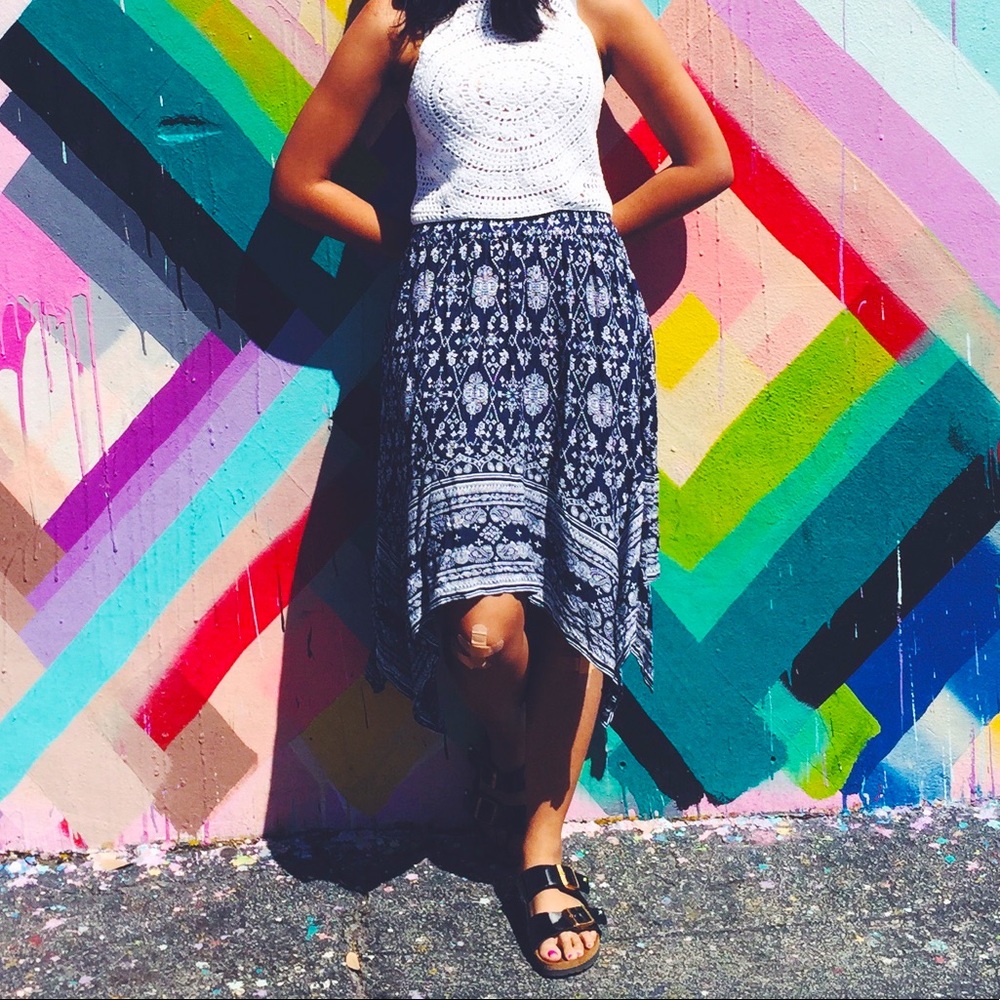 Blue and White Printed Asymmetrical Midi Skirt from Atmosphere (Women’s)